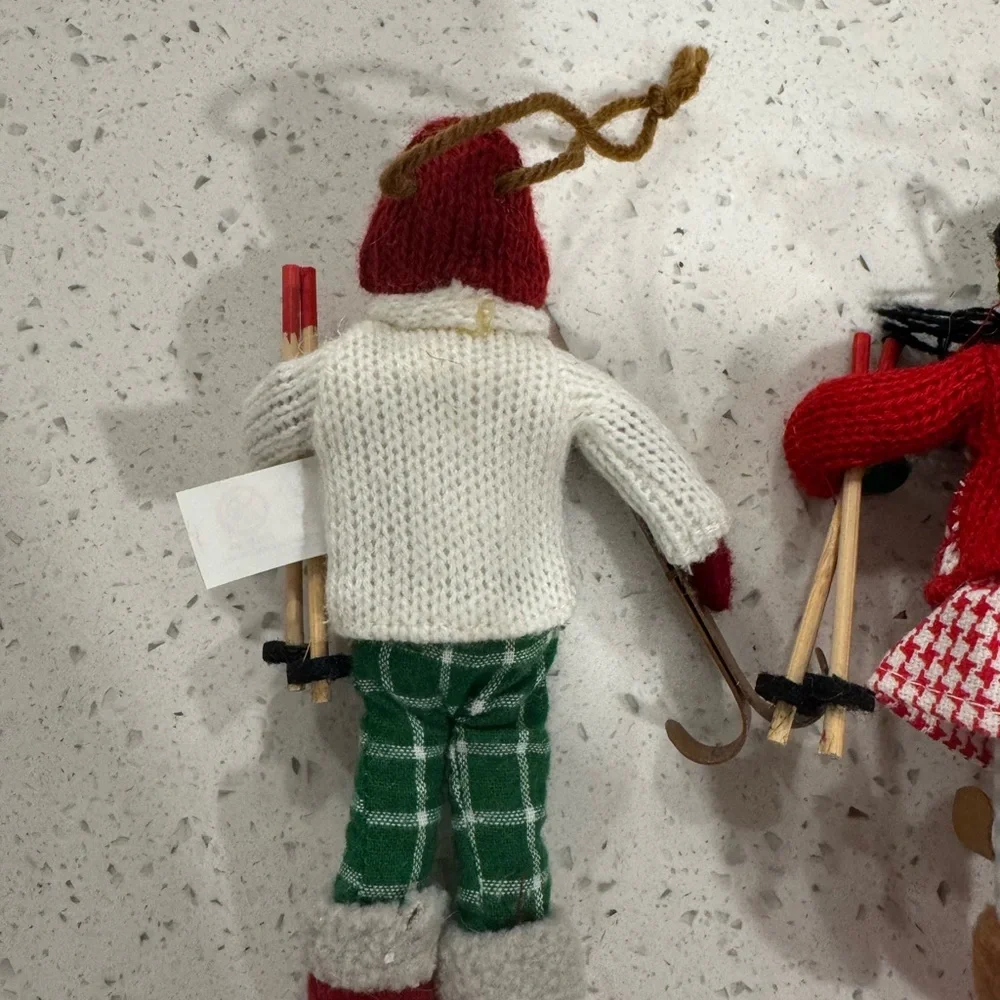 Target brand Christmas ornaments- 2 knit skiers red green white